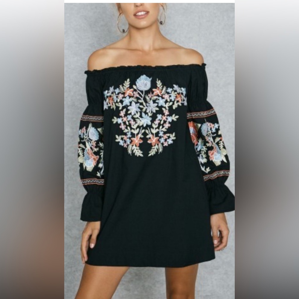 Free people Embroidered off the shoulders Black Dress with Floral Sleeves